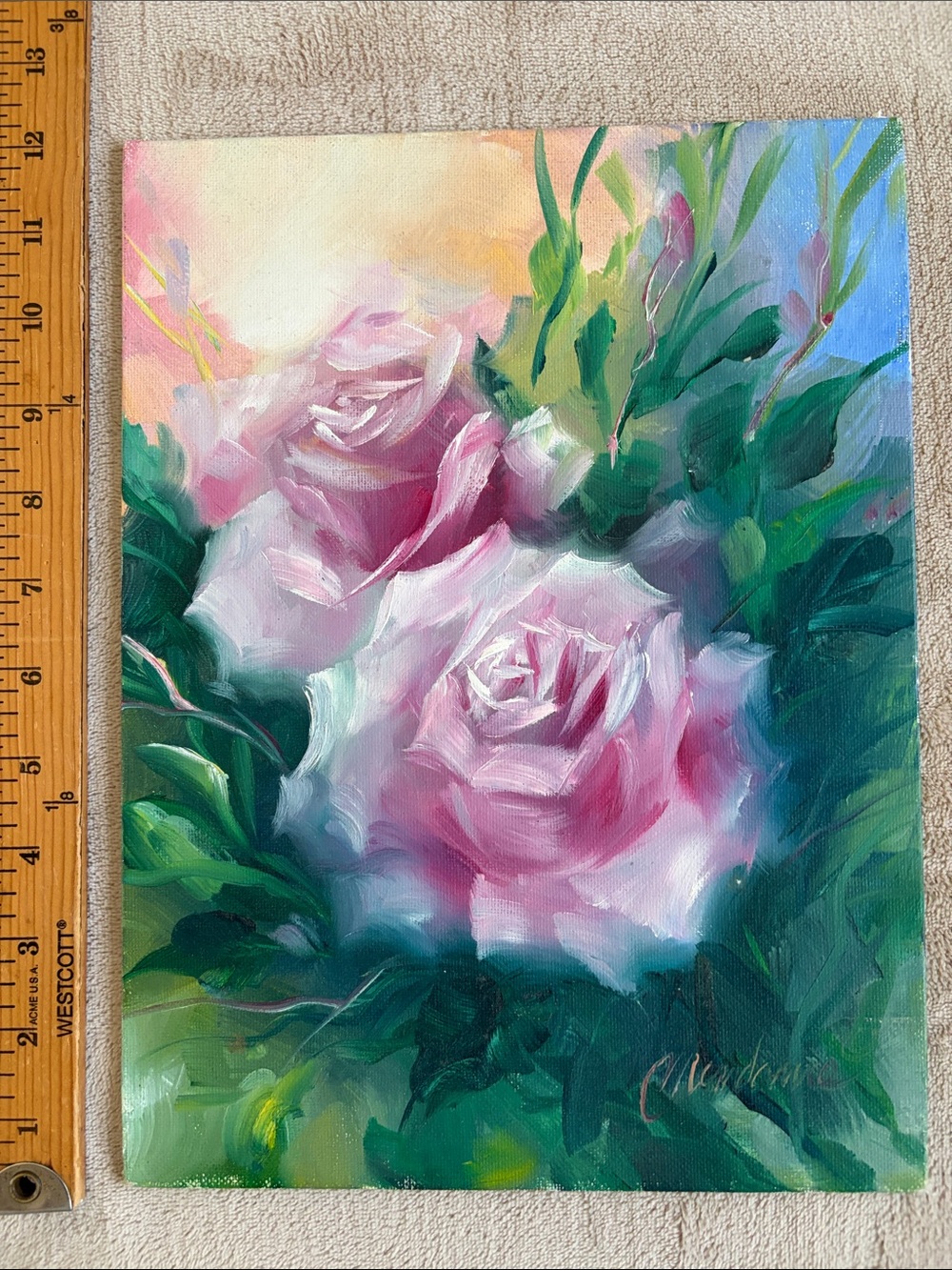 Original Pink Rose Floral Oil Painting - Home Art